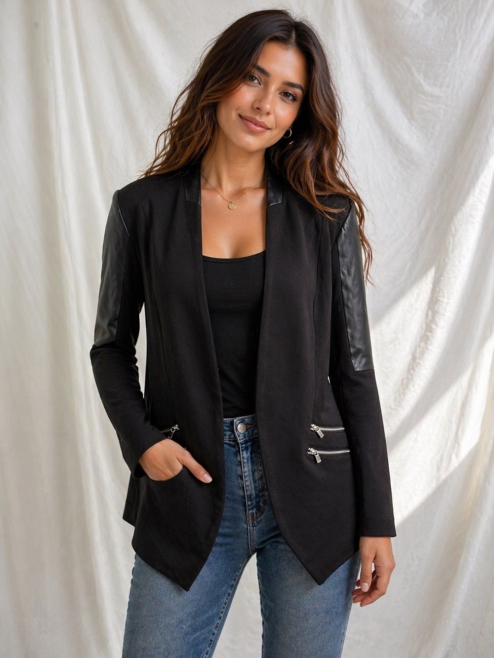 93)Ricki’s Black Blazer w/ Faux Leather Sleeves | Open Front Zip Pockets.PTP 23 - Picture 2 of 7